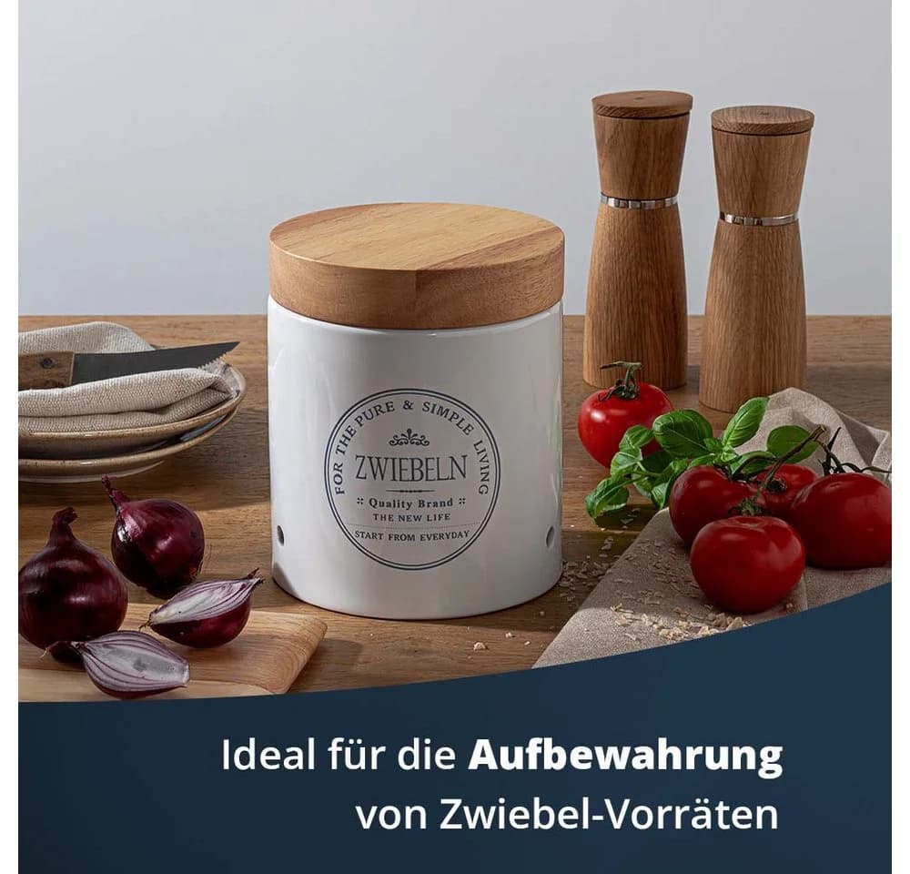 KHG Vorratsdose für Zwiebeln Steinzeug Akazienholzdeckel Belüftung