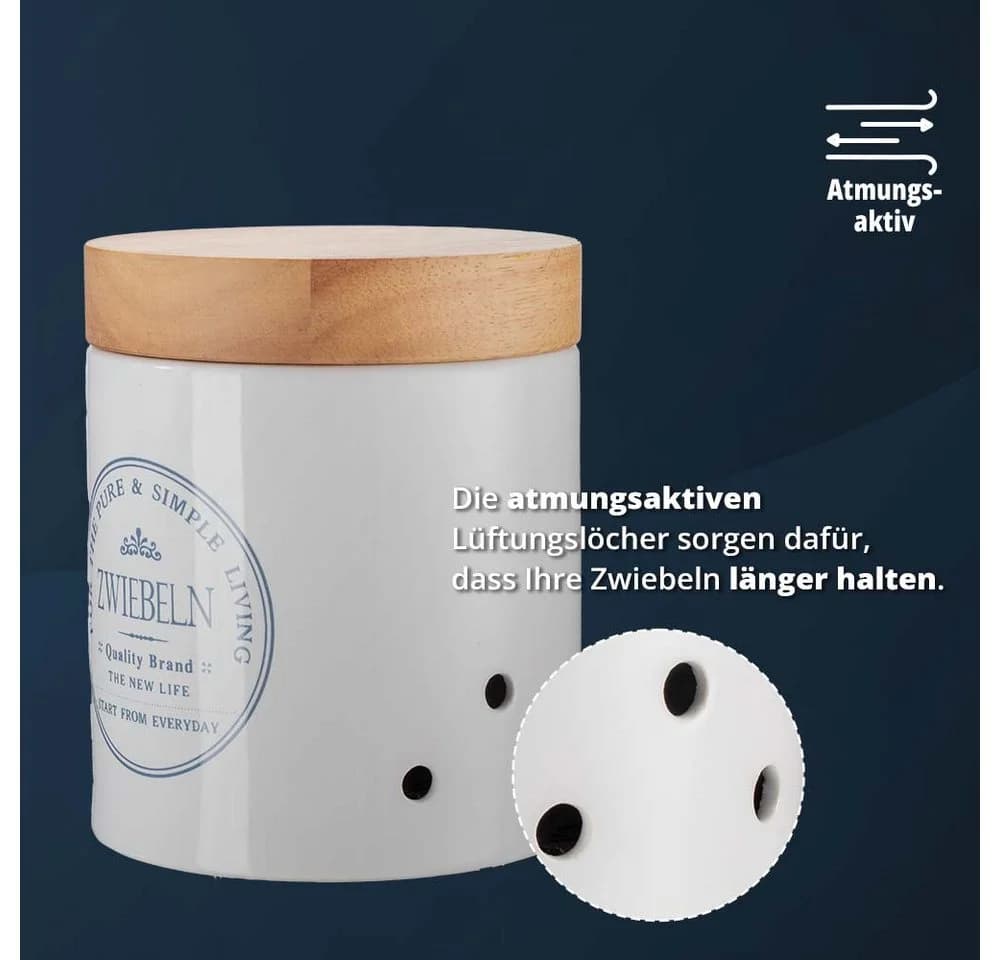 KHG Vorratsdose für Zwiebeln Steinzeug Akazienholzdeckel Belüftung - Bild 4