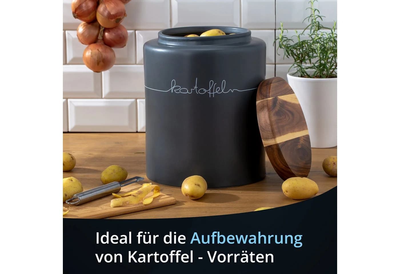 KHG Vorratsdose für Kartoffeln Steinzeug Akazienholzdeckel Anthrazit
