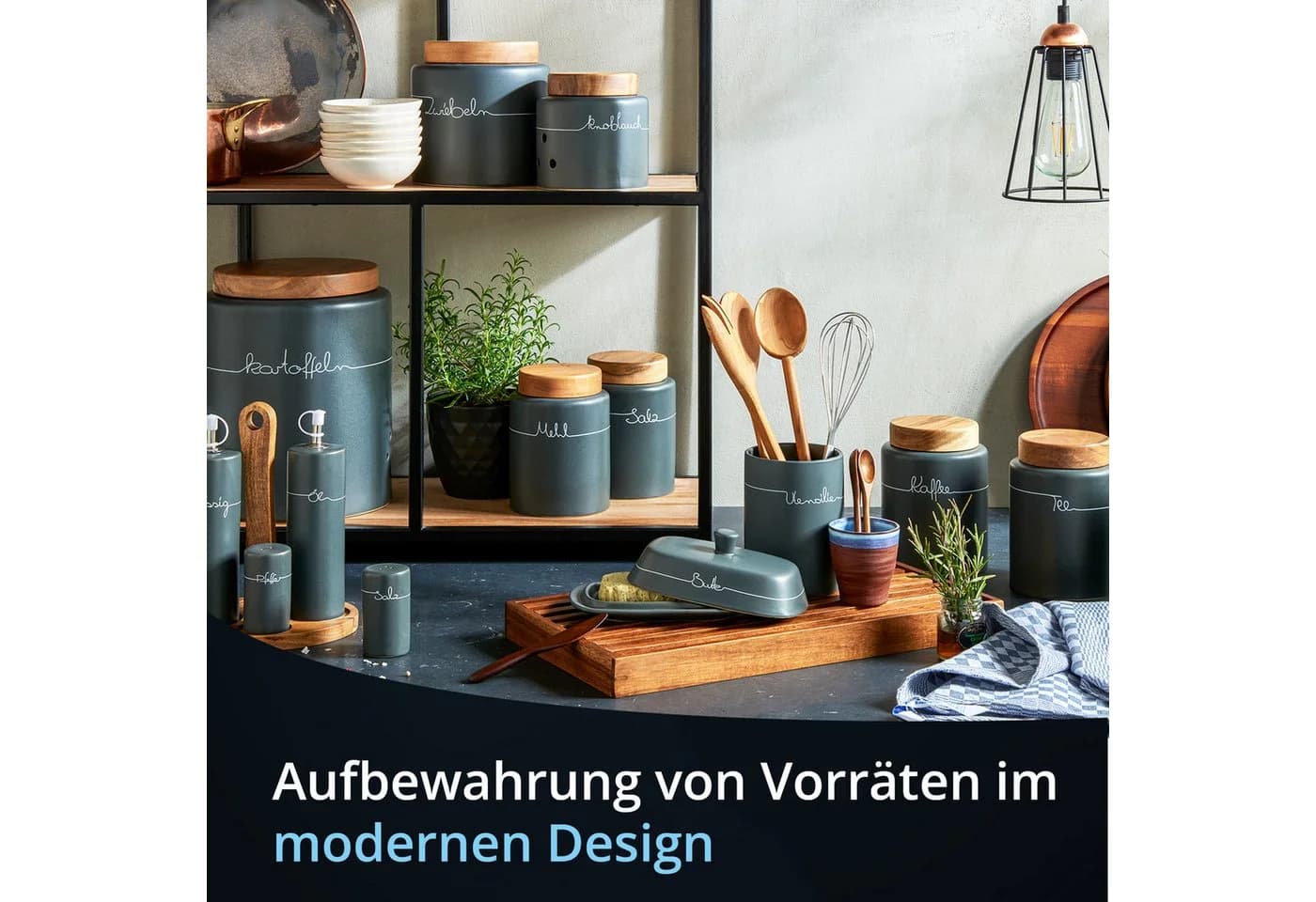 KHG Vorratsdose für Kartoffeln Steinzeug Akazienholzdeckel Anthrazit - Bild 3