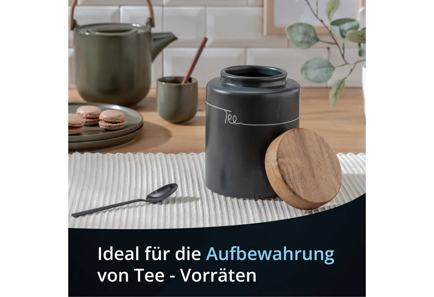KHG Vorratsdose Tee aus Steingut mit Akazienholz-Deckel Anthrazit