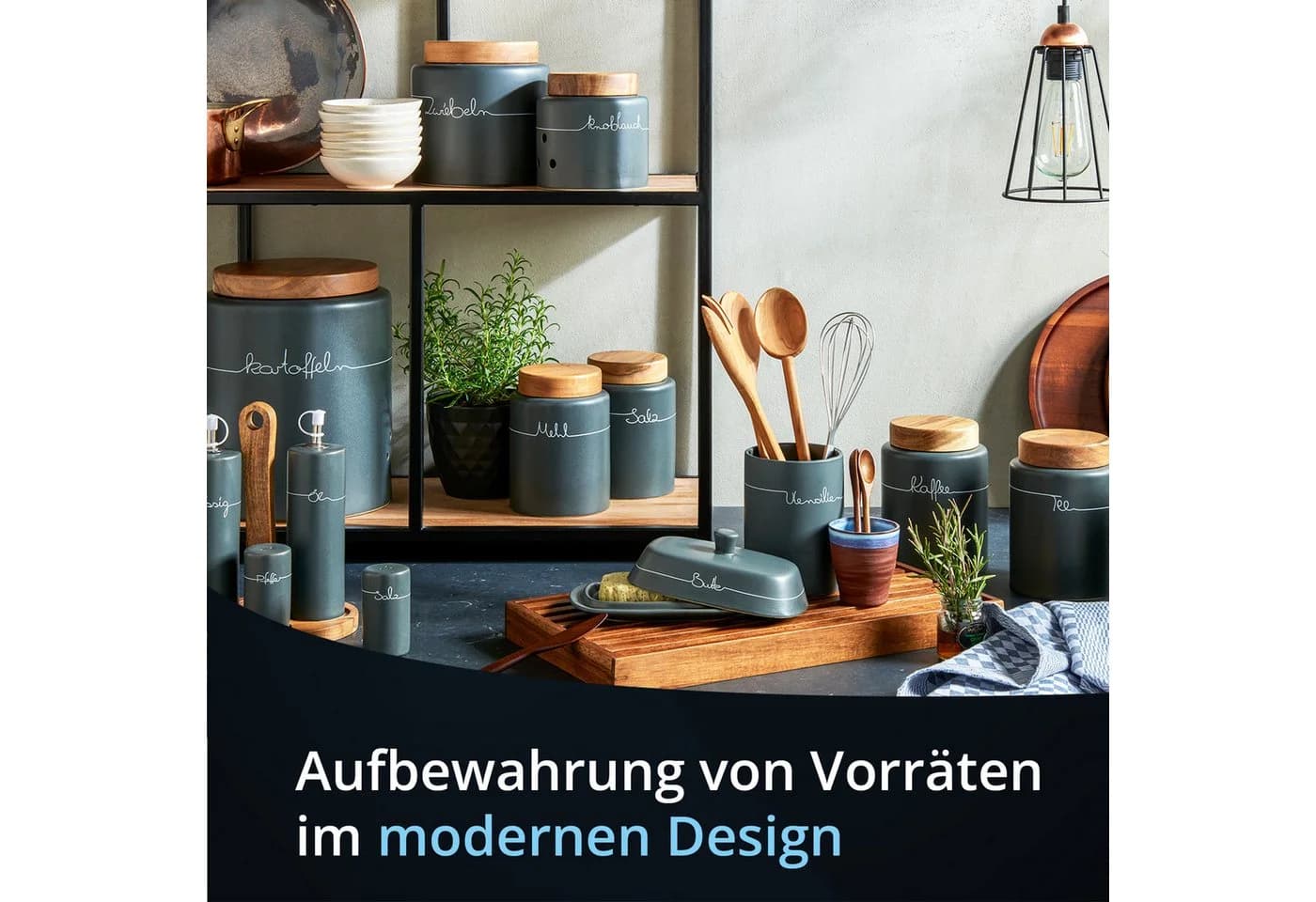 KHG Vorratsdose Tee aus Steingut mit Akazienholz-Deckel Anthrazit - Bild 3