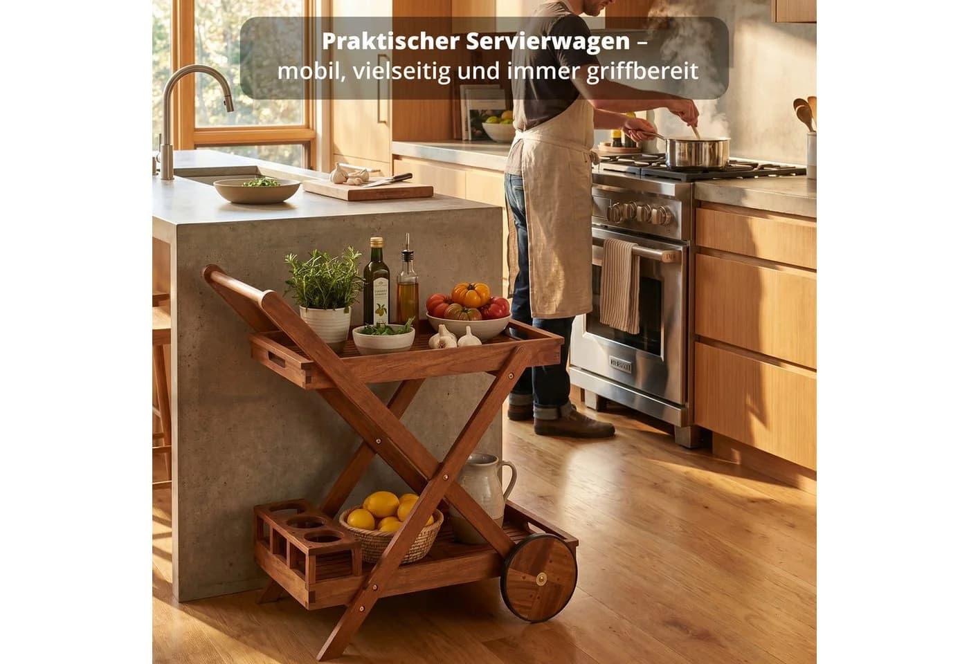 KHG Servierwagen Akazie-Massivholz Braun mit Rollen - Bild 3