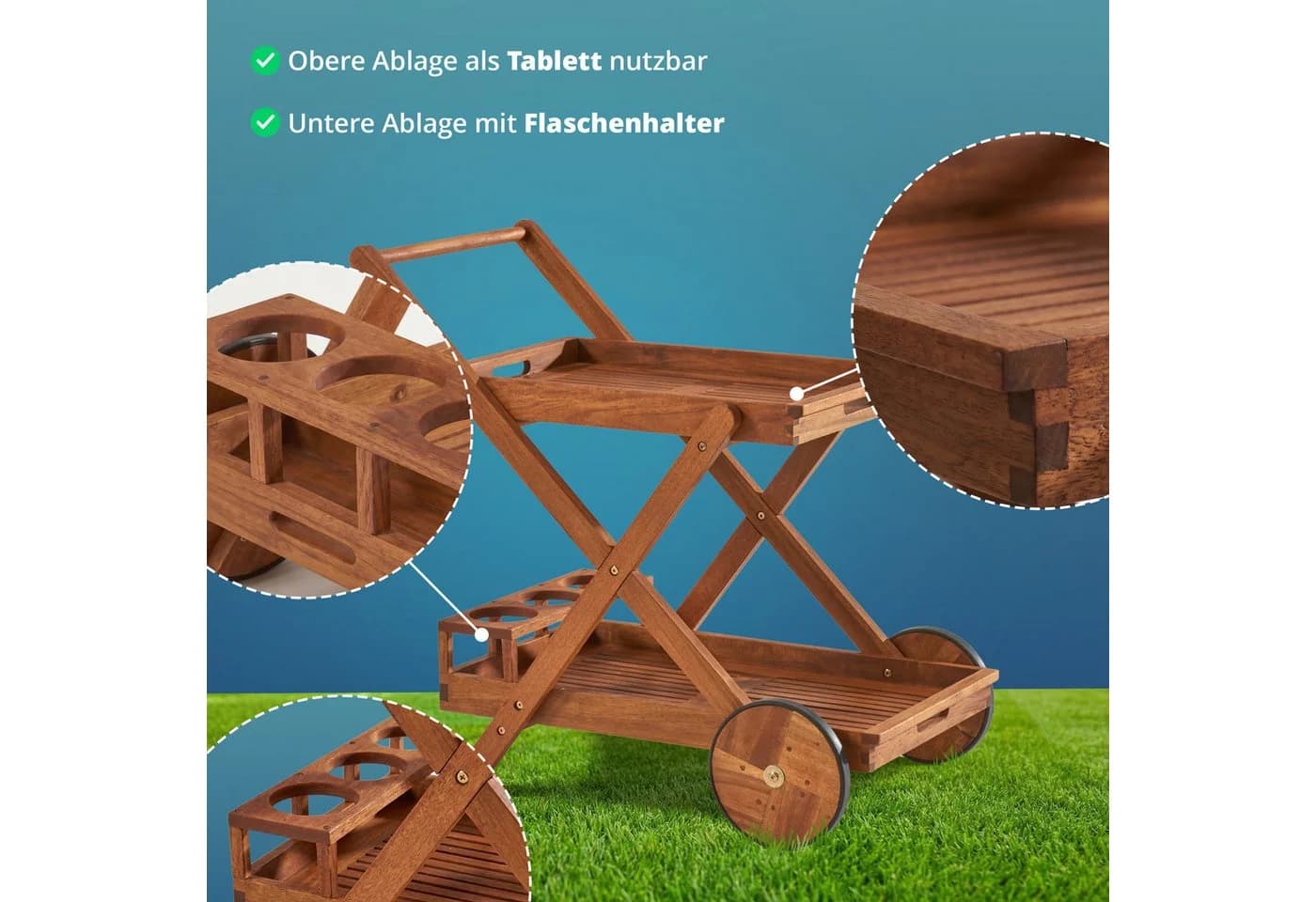 KHG Servierwagen Akazie-Massivholz Braun mit Rollen - Bild 5