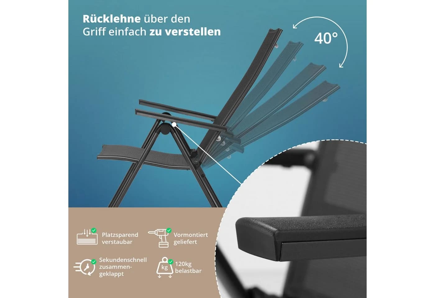 KHG Gartenstuhl Alu Klappstuhl 8-fach Verstellbare Rückenlehne - Bild 5