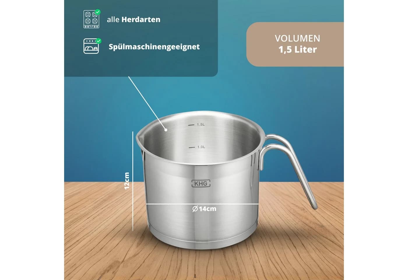 KHG Kochtopf 14 cm Edelstahl mit Innenskala & Ausguss