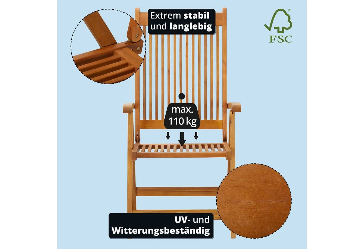 KHG Gartenstuhl Hochlehner Akazien-Echtholz klappbar braun - Bild 3