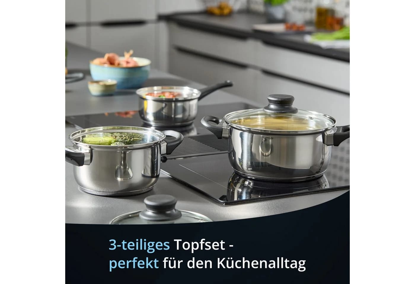 KHG Topf-Set 5-tlg. Edelstahl mit Glasdeckeln & Induktionsboden