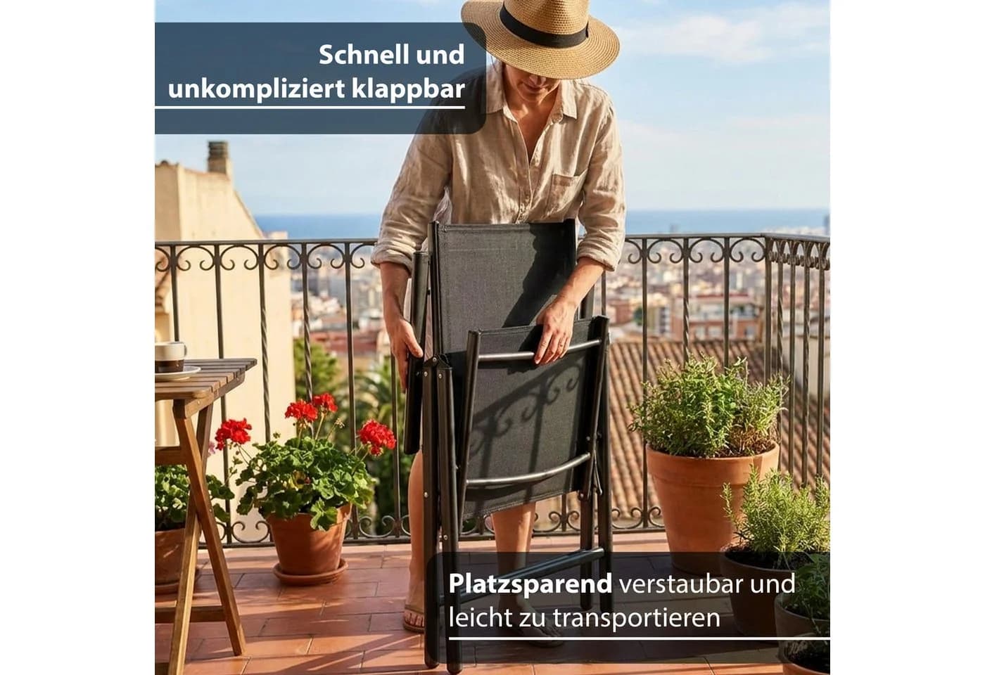 KHG Klappstuhl mit Armlehnen Schwarz, 7-fach verstellbar, 110 kg belastbar - Bild 5