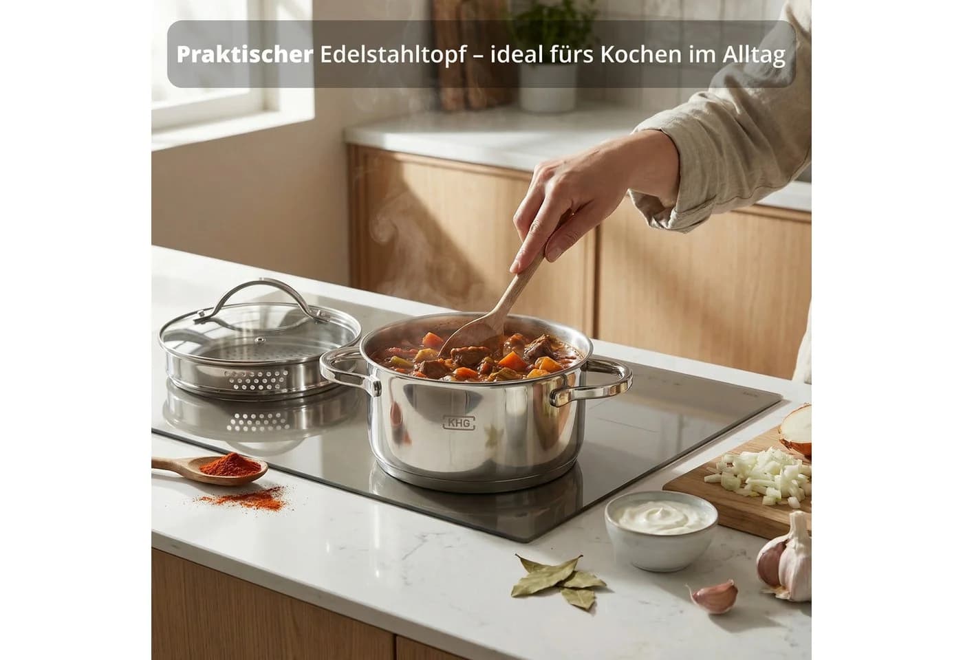 KHG Kochtopf Edelstahl 1,25L mit Sieb, Ausguss & Glasdeckel - Bild 3