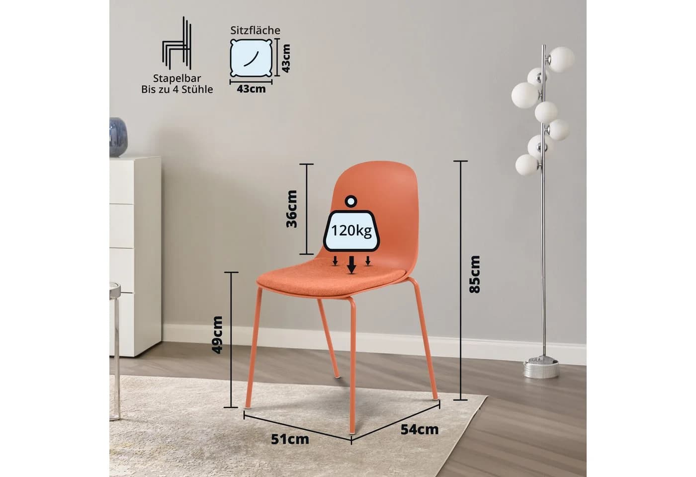 KHG Stapelstuhl Küchenstuhl Orange, 120 kg belastbar, gepolstert