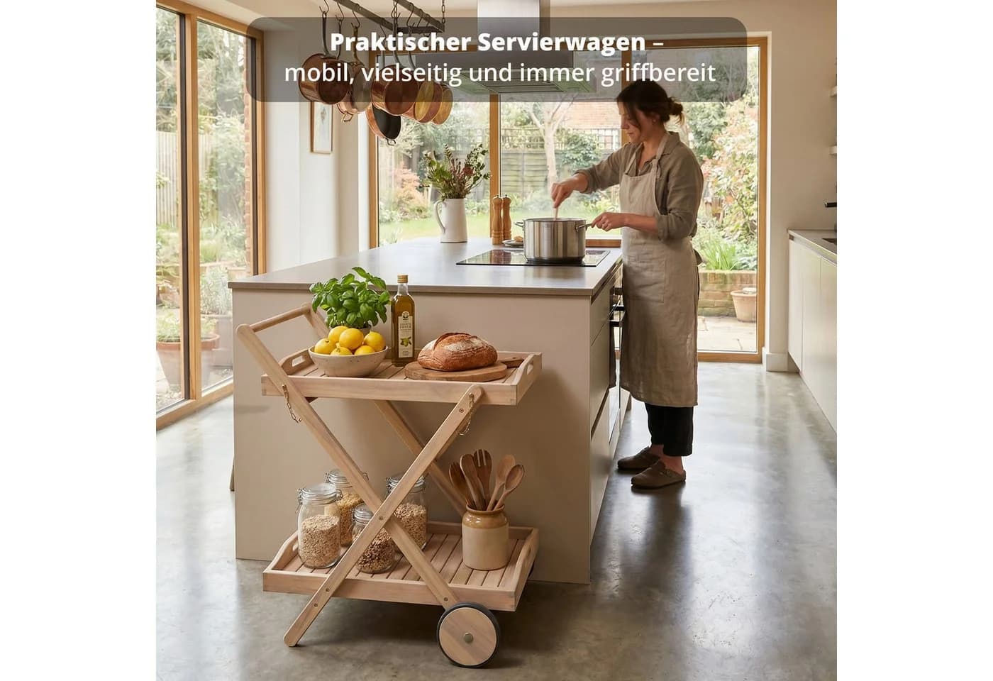 KHG Servierwagen Akazie-Massivholz Teak-Optik Braun Rollen - Bild 3