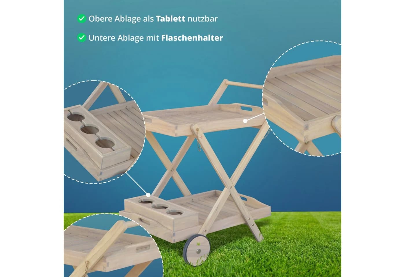 KHG Servierwagen Akazie-Massivholz Teak-Optik Braun Rollen - Bild 5