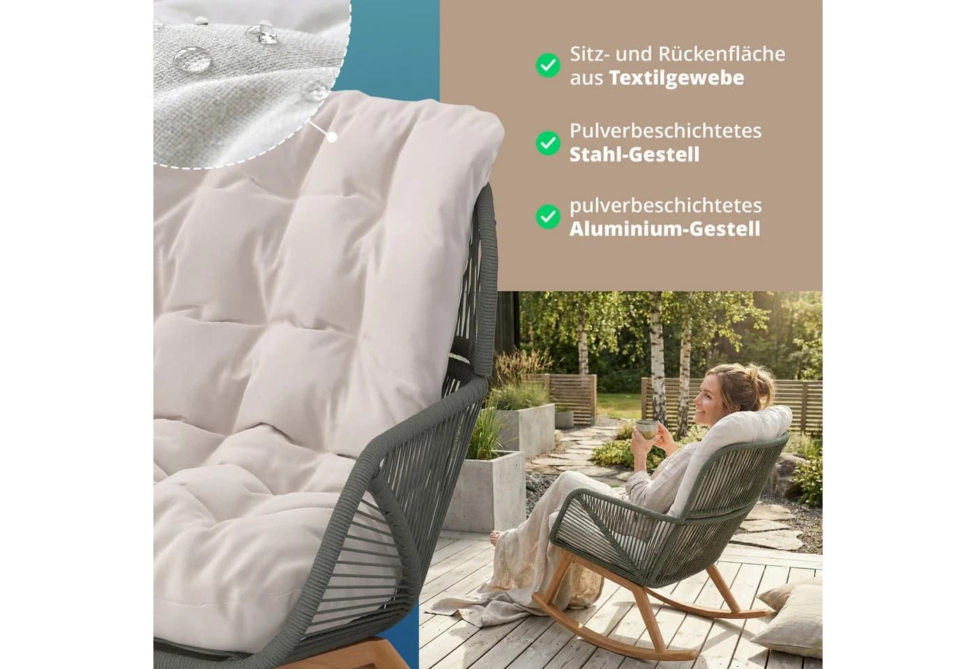 KHG Schaukel-Sessel Grün Aluminium mit Sitzkissen Beige - Bild 4