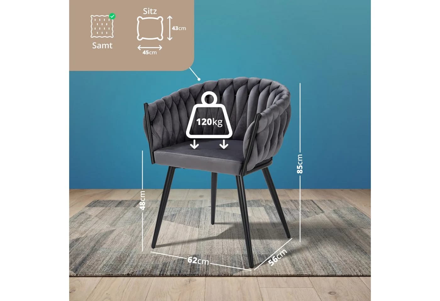 KHG Esszimmerstuhl Industrial-Look Samt Dunkelgrau mit Metallgestell