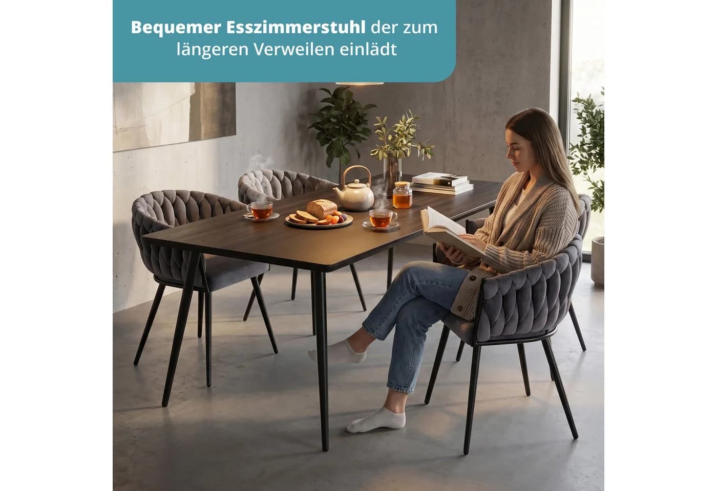 KHG Esszimmerstuhl Industrial-Look Samt Dunkelgrau mit Metallgestell - Bild 3