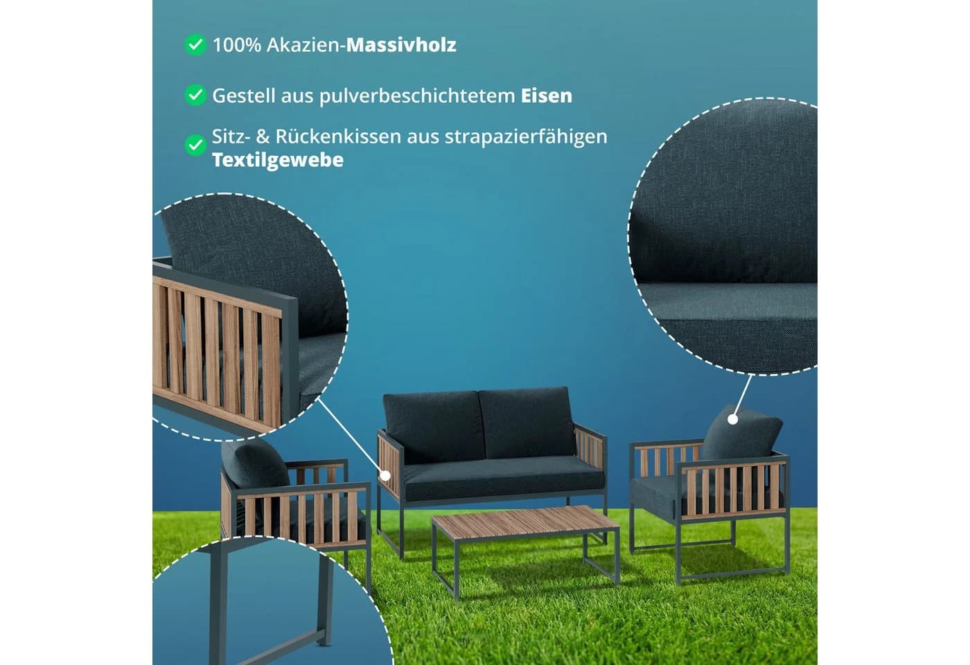 KHG Gartenlounge-Set 4-teilig Grau mit Akazienholztisch - Bild 5