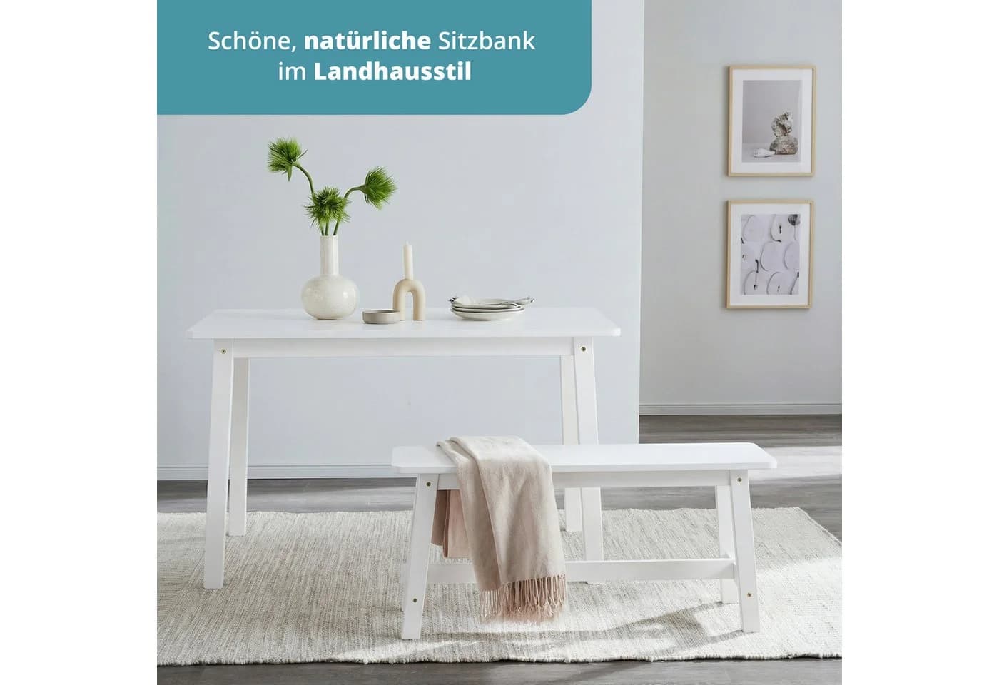 KHG Sitzbank Dekobank Weiß Skandi Look Massivholzgestell - Bild 3