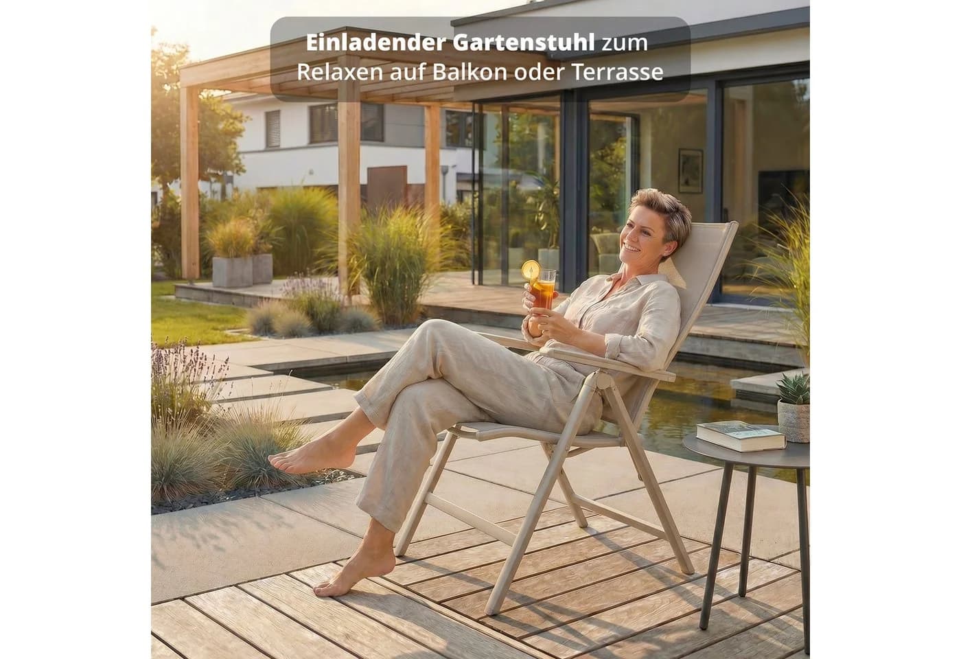 KHG Gartenstuhl Hochlehner Beige Klappstuhl Aluminium