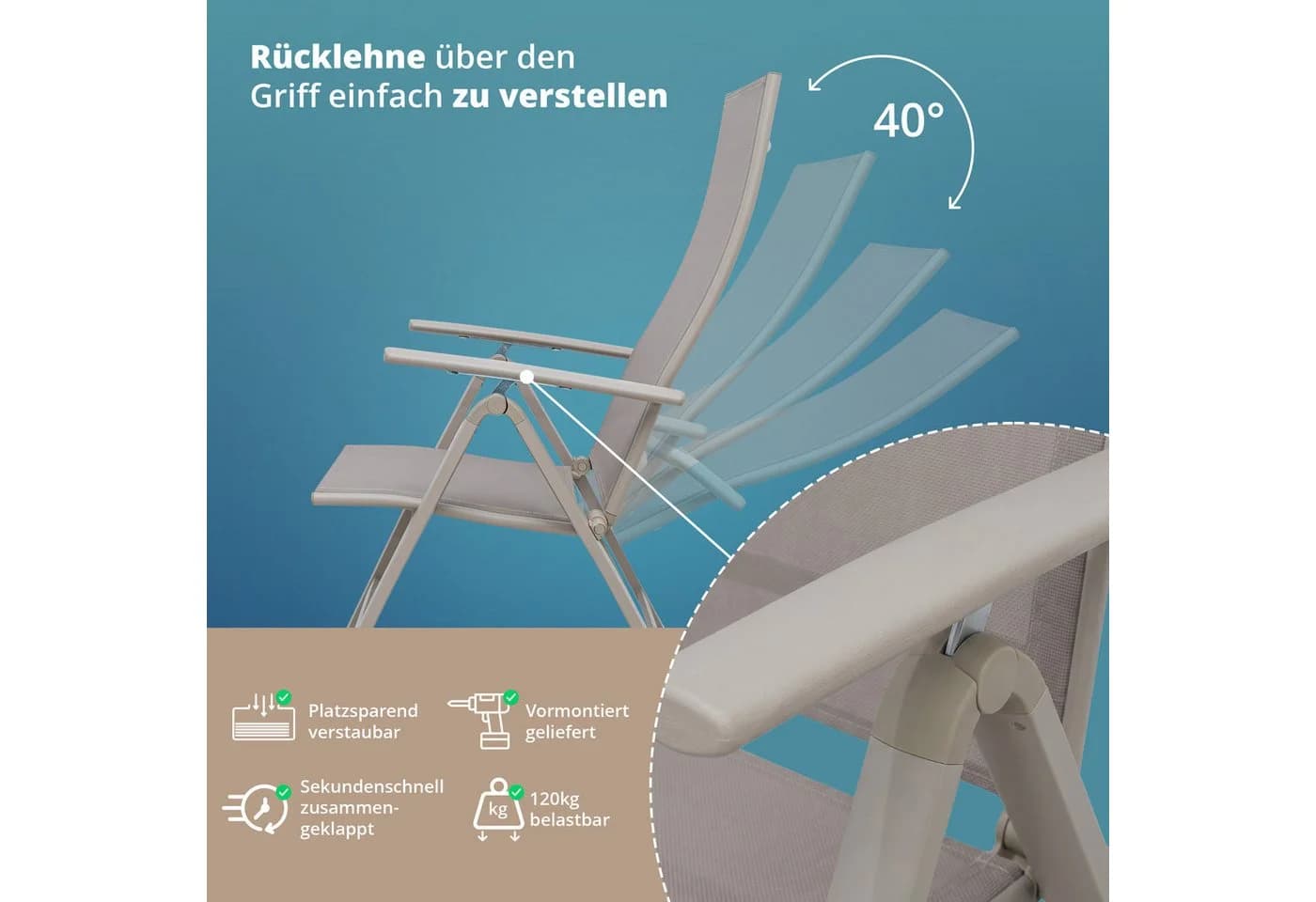 KHG Gartenstuhl Hochlehner Beige Klappstuhl Aluminium - Bild 5