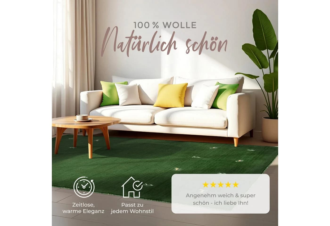 CARPETFINE Wollteppich Gabbeh Uni Grün Handgewebt Orientalisch - Bild 3