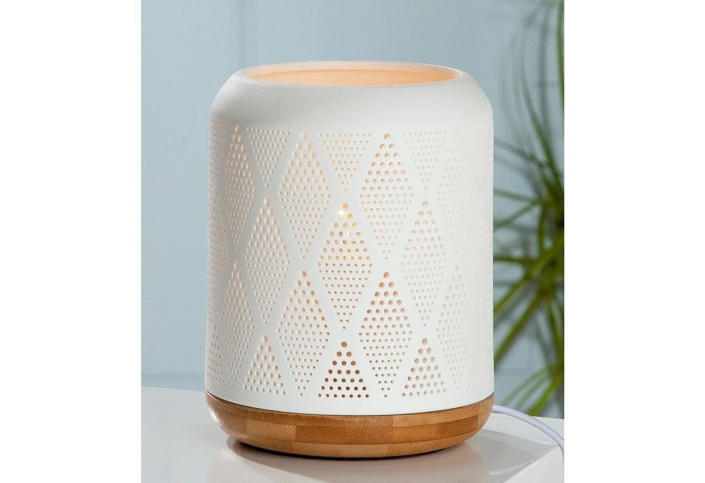 Gilde Tischleuchte Porzellan Lampe Prickelraute Weiß Holzoptik - Bild 3