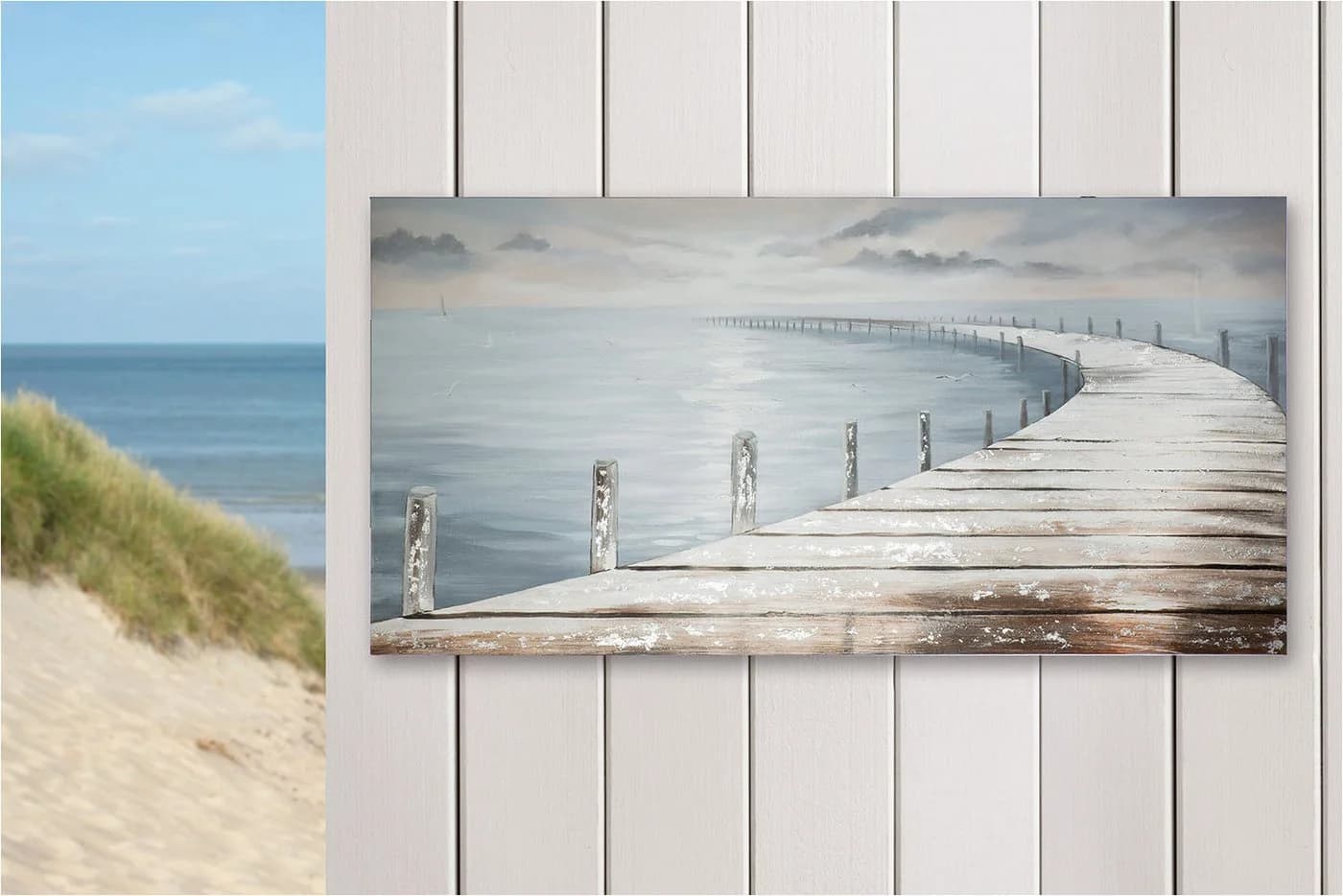GILDE Leinwandbild Steg Blau Handbemalt Maritim