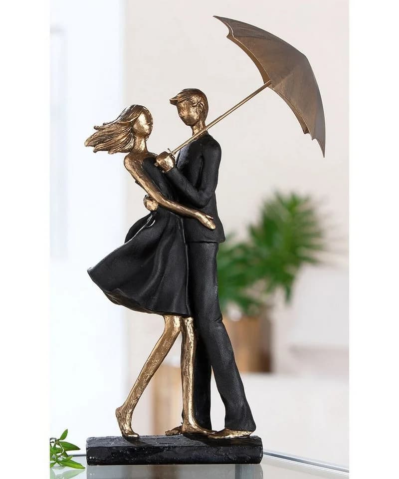 MF Skulptur Rain Gold/Schwarz Paar mit Regenschirm