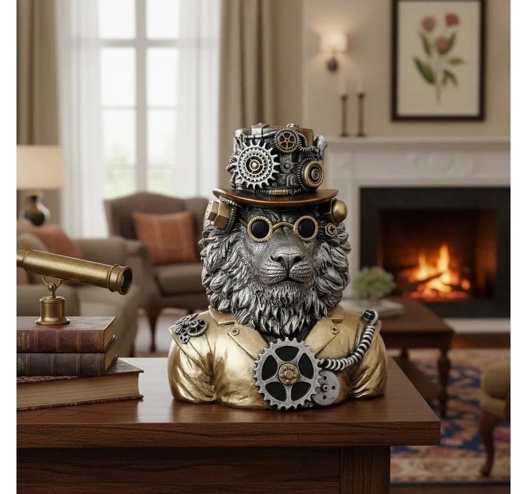Gilde Dekofigur Löwe Steampunk Lion 58722 Kunstharz Figur Bronze/Gold - Bild 3