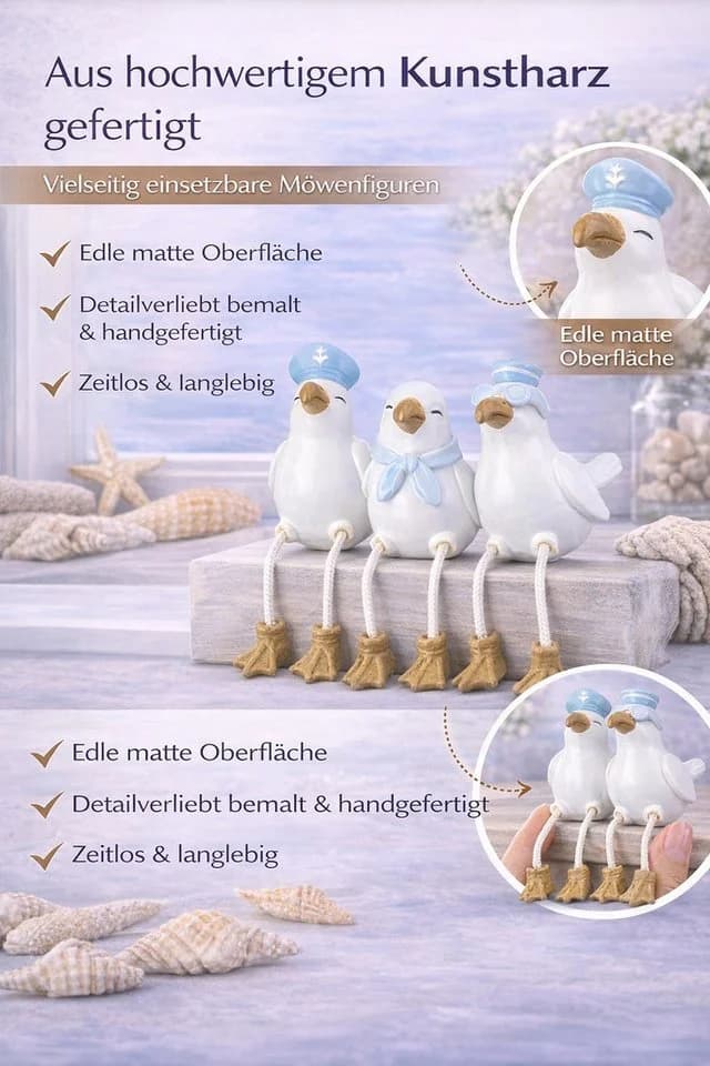 Gilde Dekofigur Kantensitzer Möwen Sigurd 3er Set Weiß Blau - Bild 4