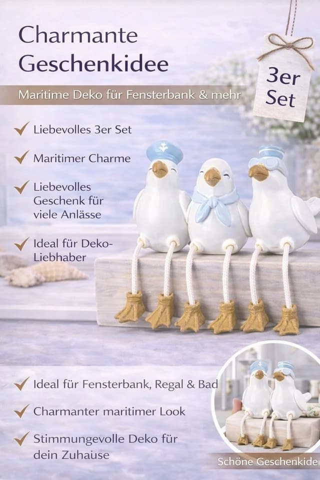 Gilde Dekofigur Kantensitzer Möwen Sigurd 3er Set Weiß Blau - Bild 5