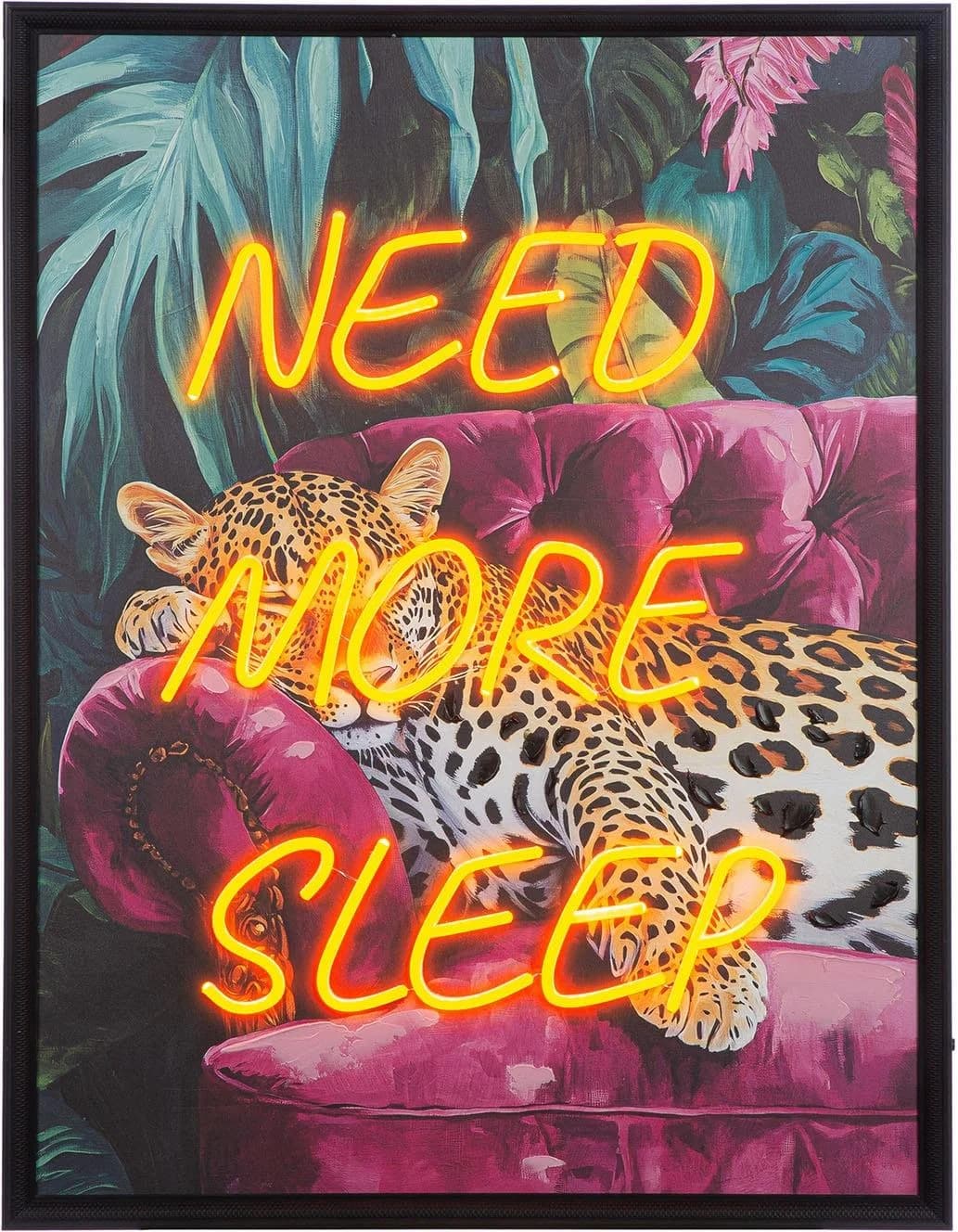 Gilde Leinwandbild mit LED "Need more sleep" Leopard Motiv Schwarz