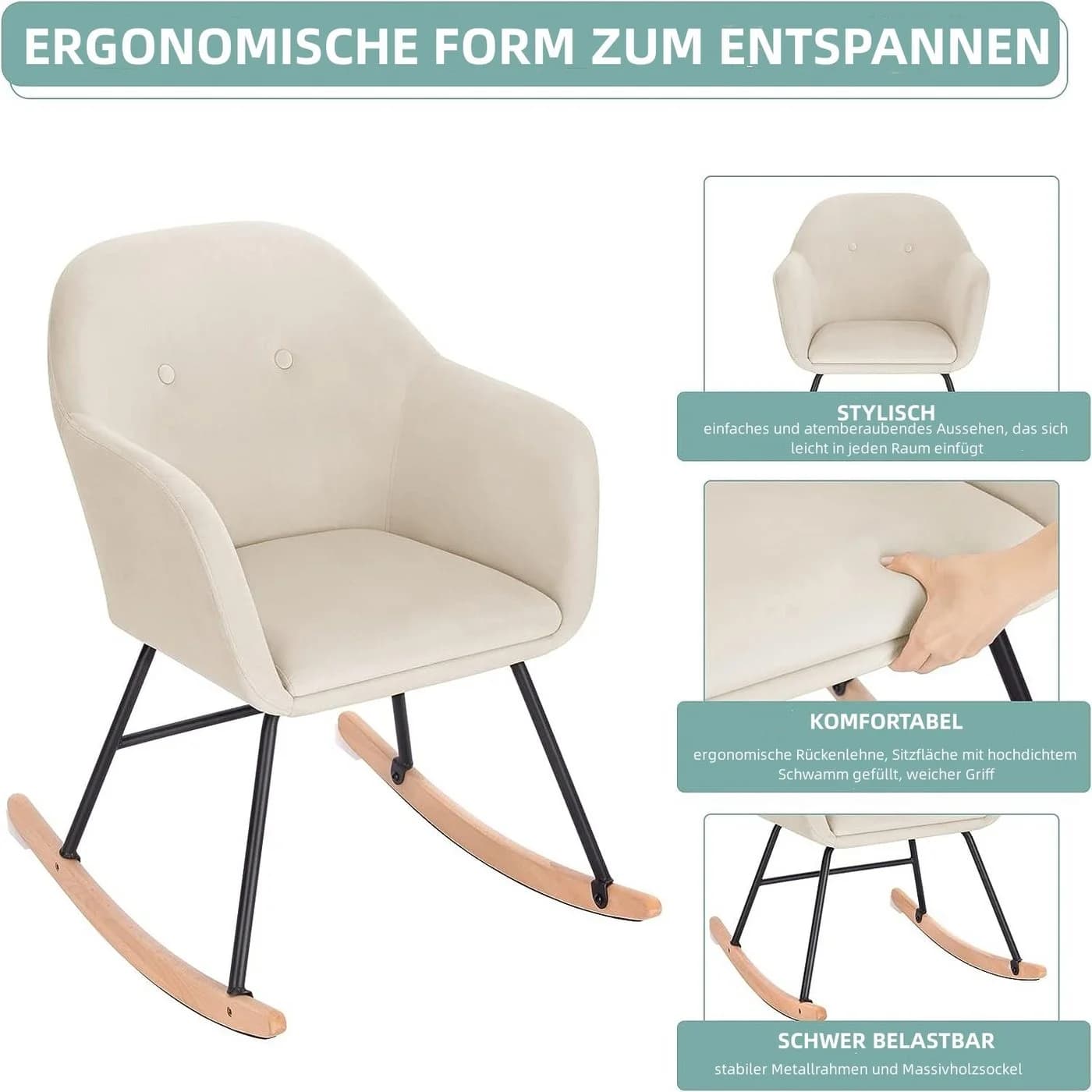 Woltu Schaukelstuhl Samt Stahl Massivholz - Bild 4