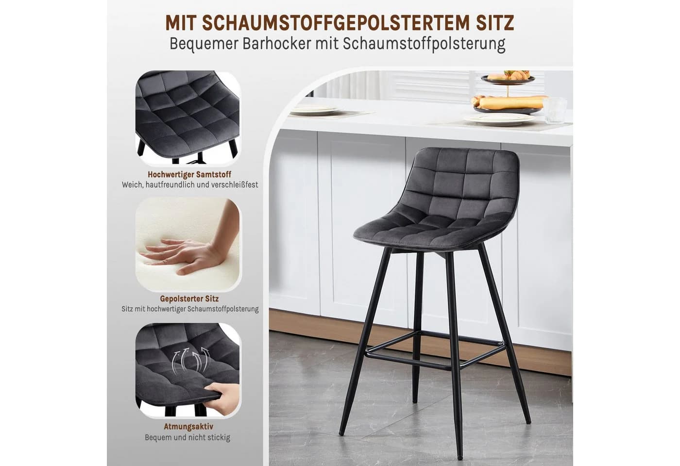 Woltu Barhocker 2er Set Samt Metall Grau/Schwarz - Bild 4