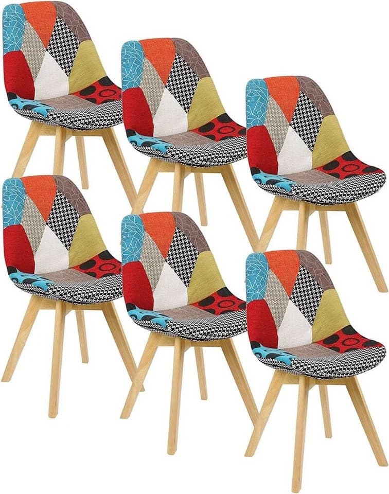 Woltu 4-Fußstuhl 6er Set Patchwork Leinen Massivholz - Bild 2