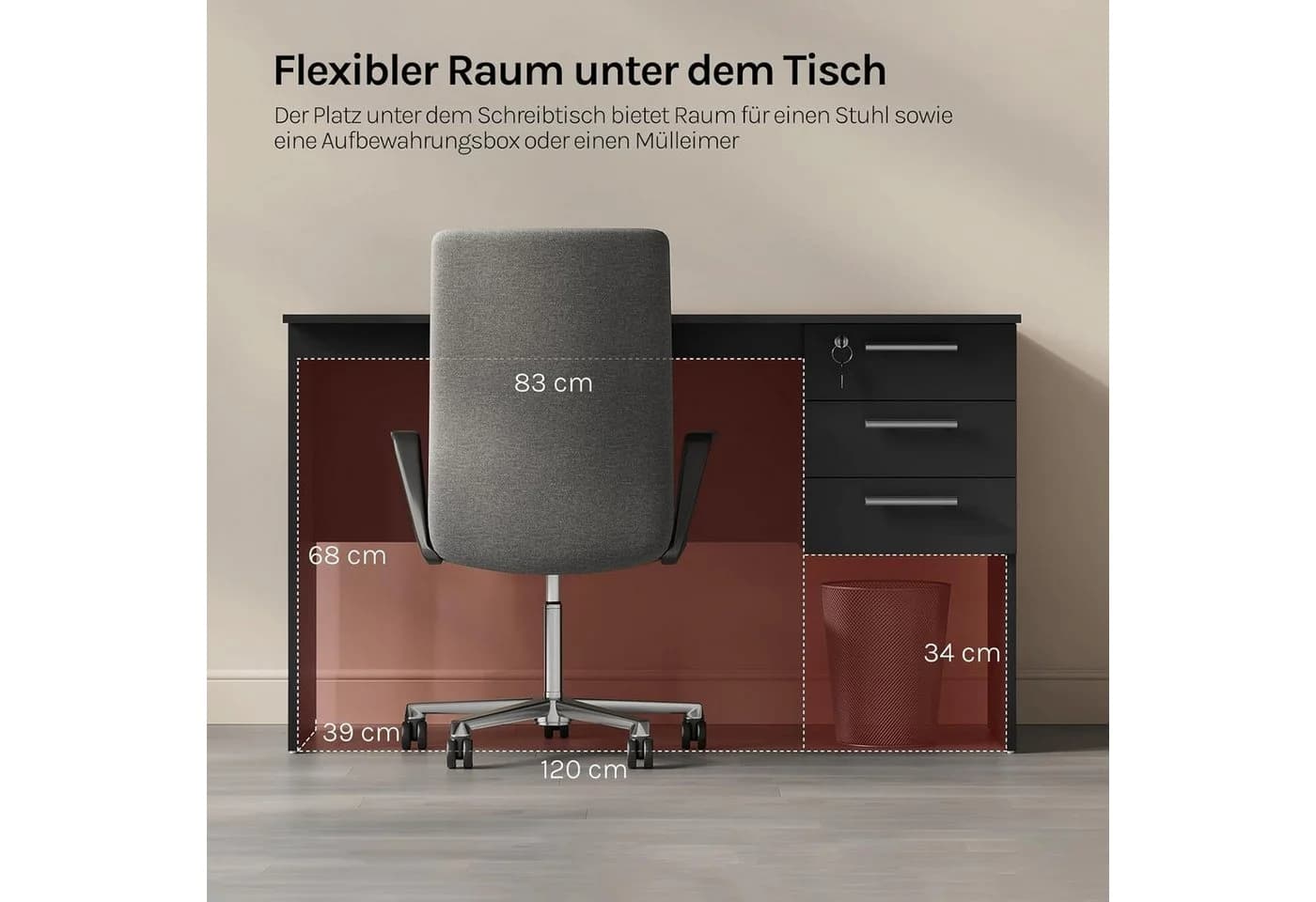 Woltu Schreibtisch Schwarz mit Schubladen und Schloss - Bild 4