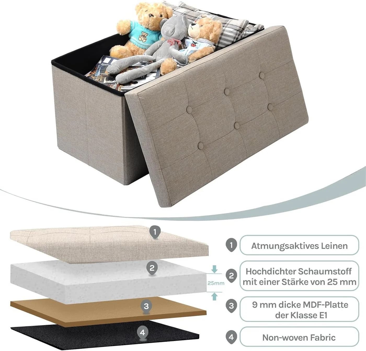 Woltu Sitzhocker mit Stauraum, Faltbar, Abnehmbar, bis 300 kg belastbar - Bild 5