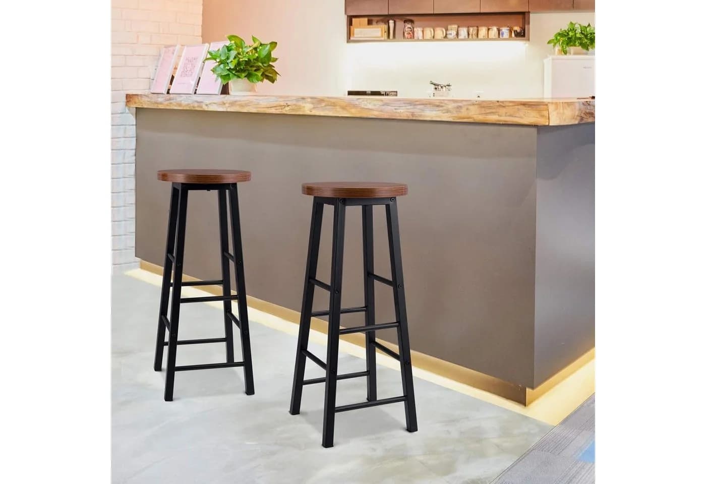 Woltu Barhocker 2er Set Stahl MDF Schwarz Braun Industrial - Bild 4