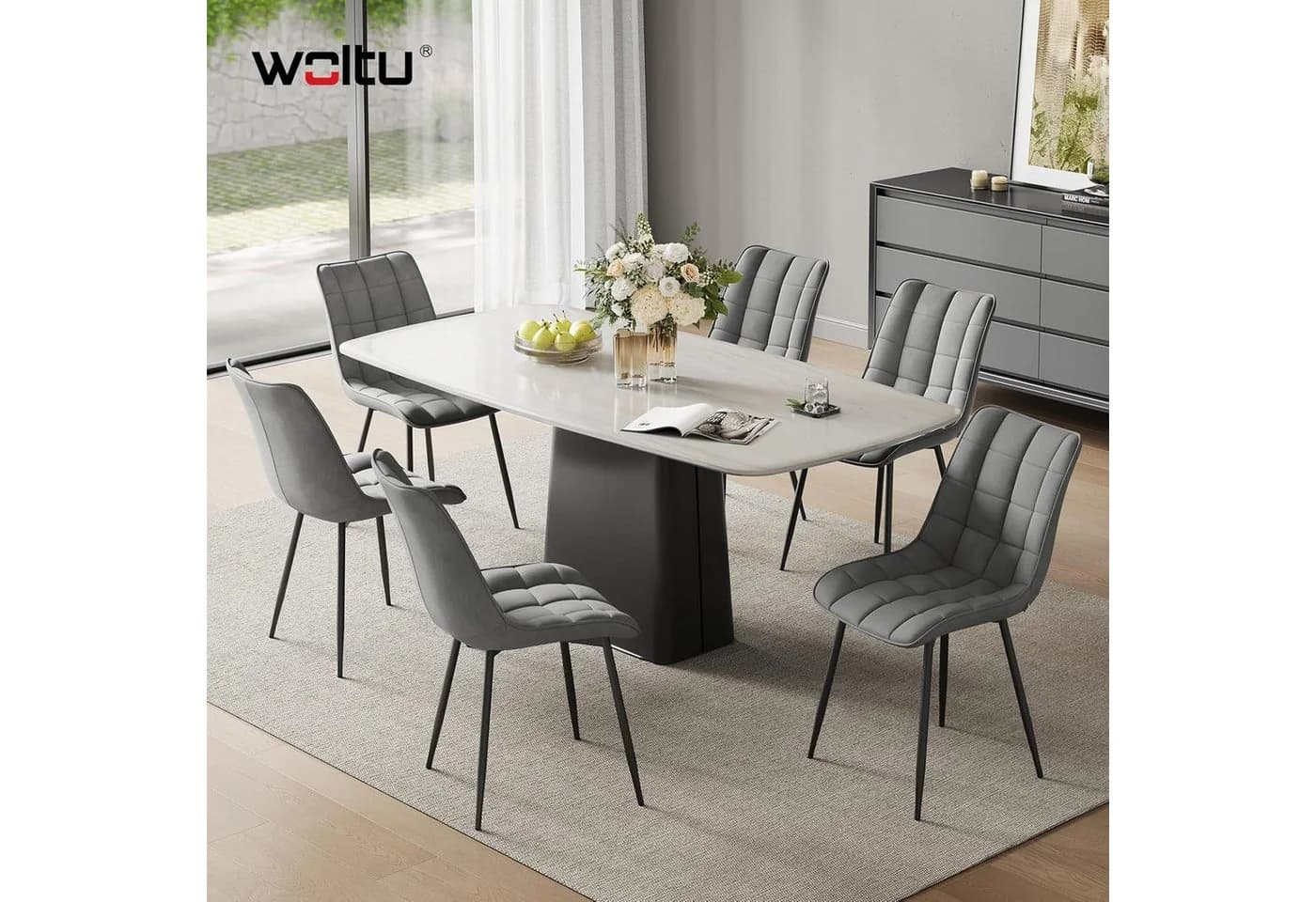Woltu 4-Fußstuhl 6er Set Samt Küchenstuhl Modern Grau