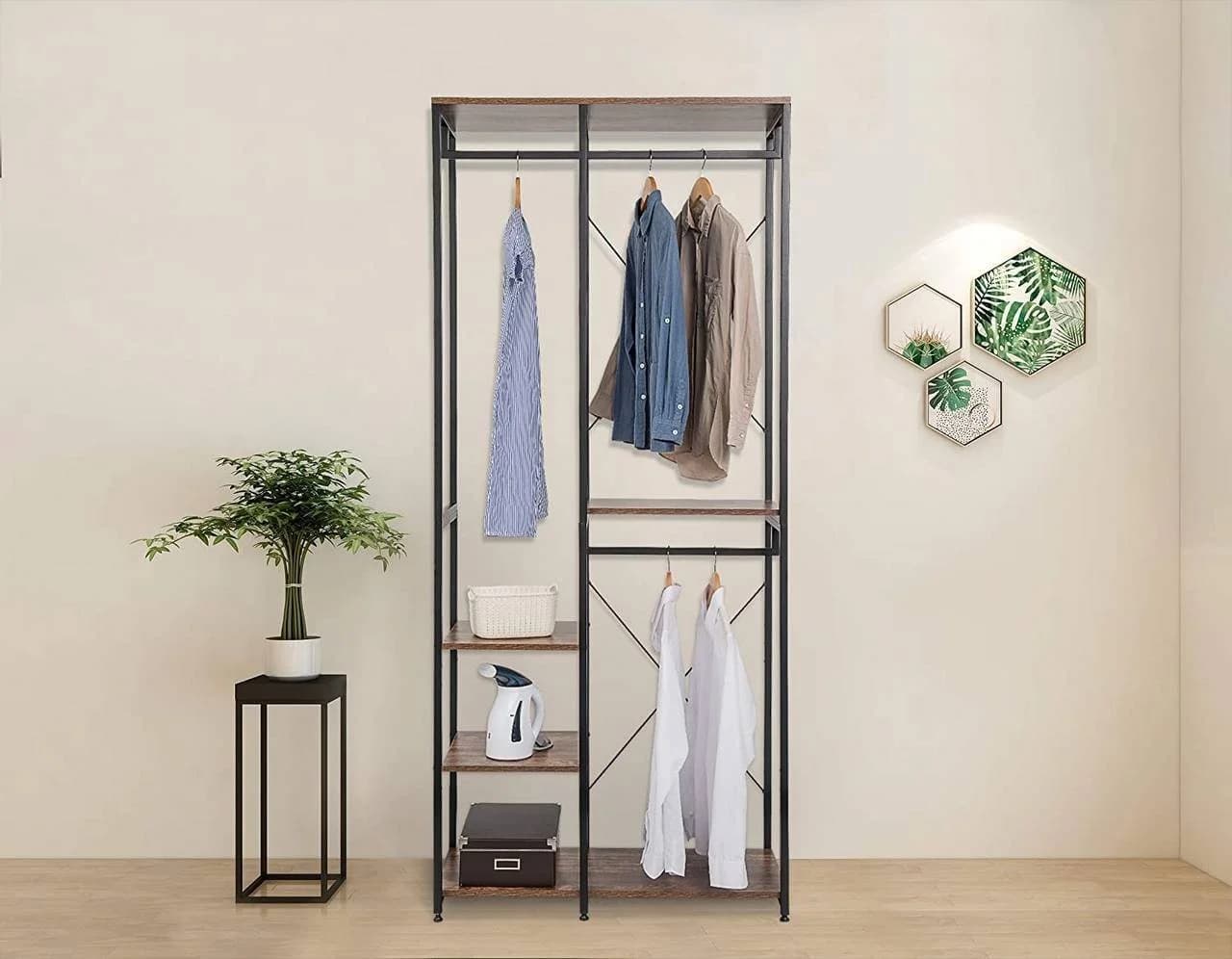 Woltu Garderobenständer mit Ablage Schwarz/Beige Holz & Stahl