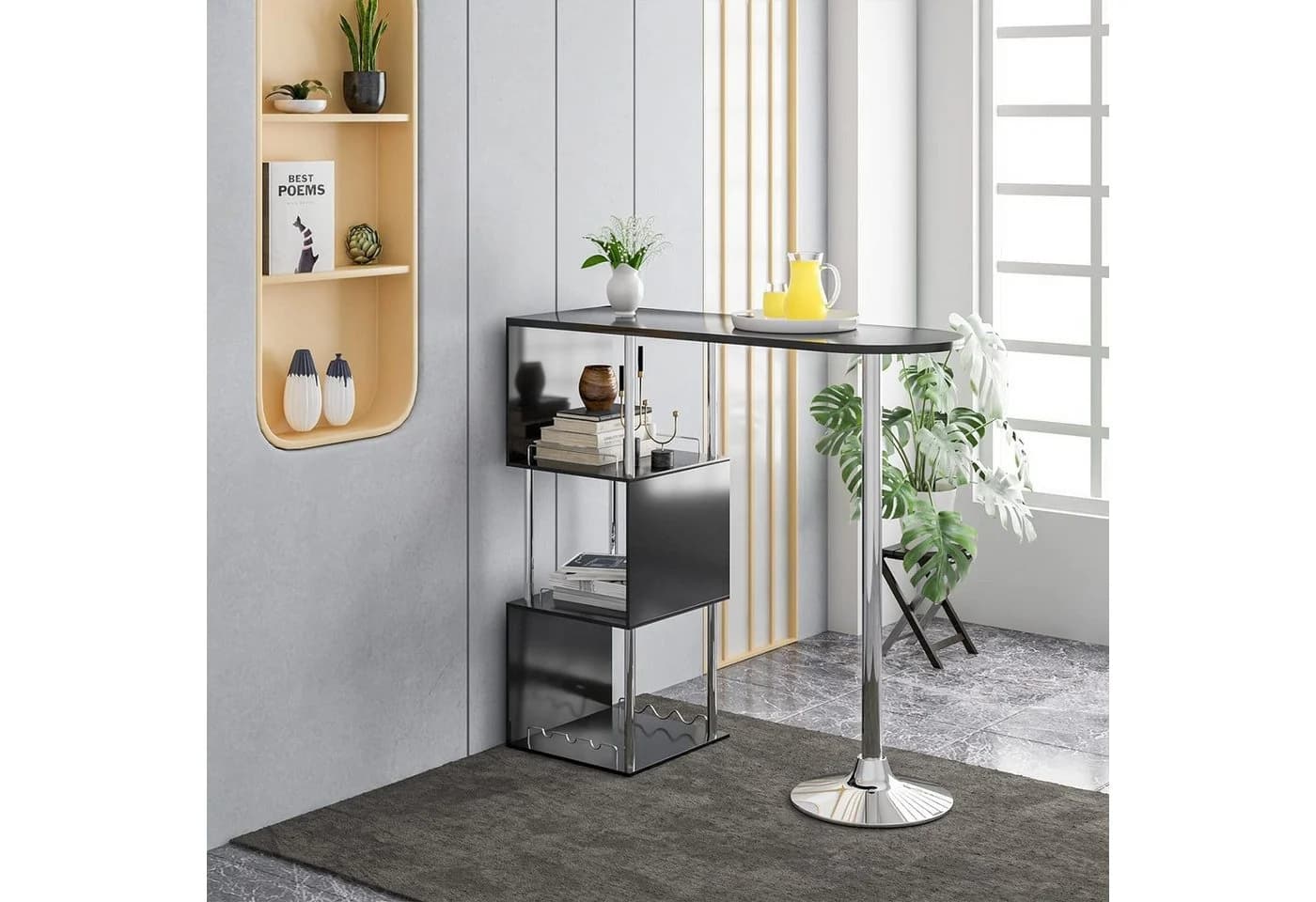 Woltu Bartisch Schwarz/Weiß mit 3 Ablageflächen Metall MDF
