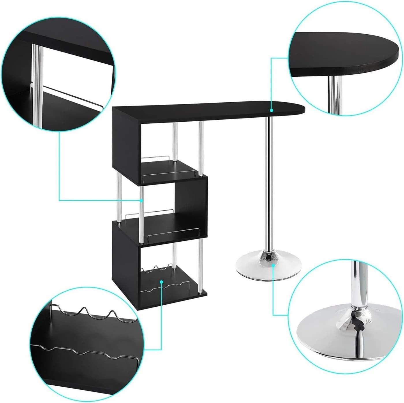 Woltu Bartisch Schwarz/Weiß mit 3 Ablageflächen Metall MDF - Bild 5