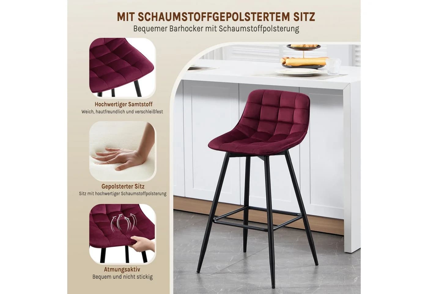 Woltu Barhocker 2er Set Samt Metall Bordeaux - Bild 4