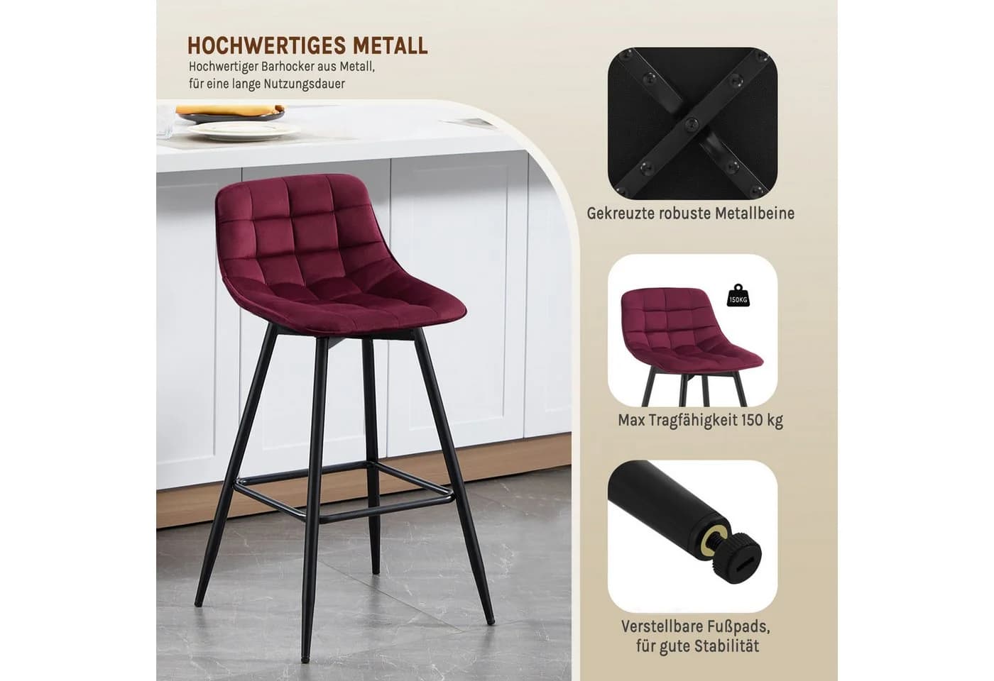 Woltu Barhocker 2er Set Samt Metall Bordeaux - Bild 5