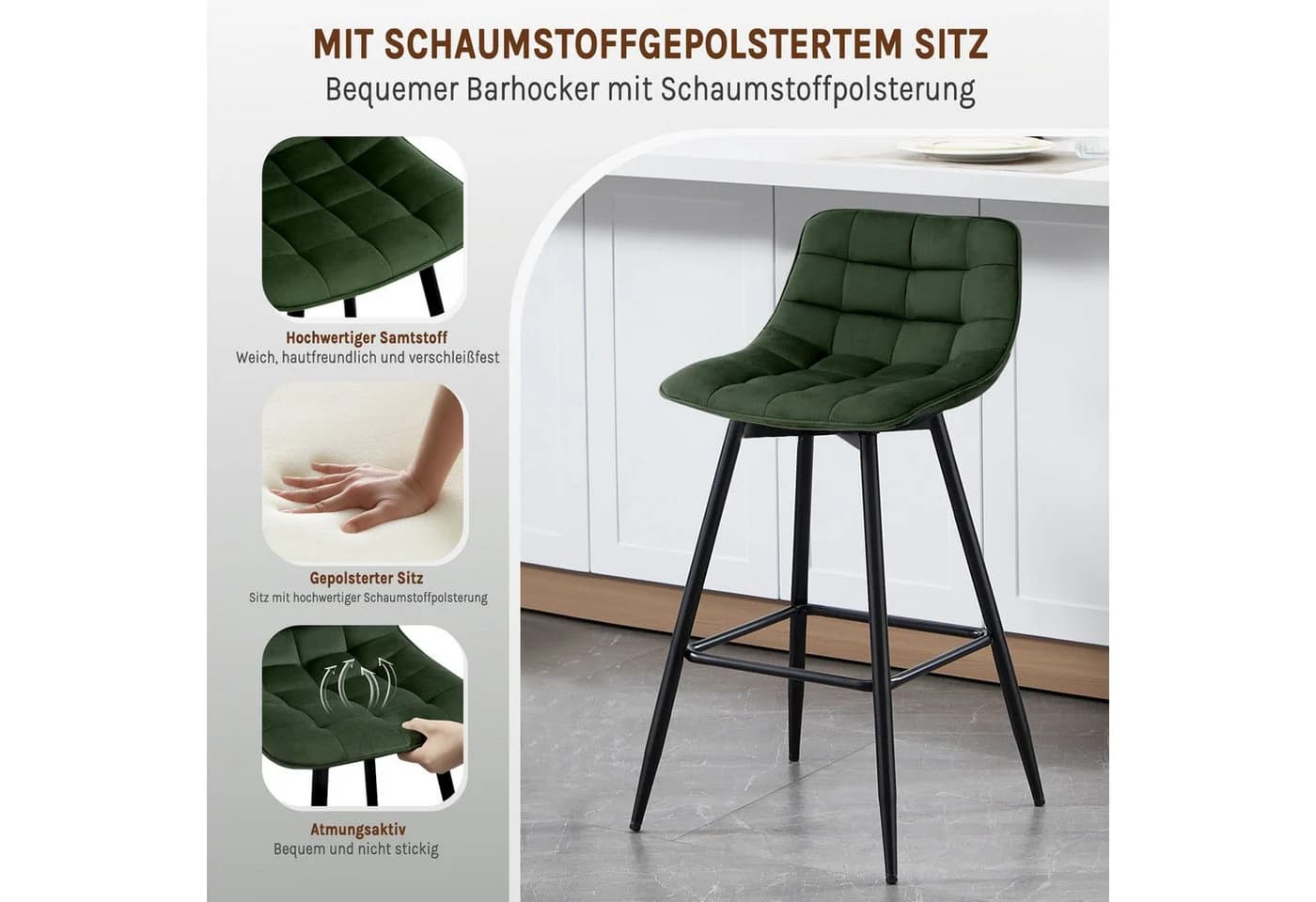 Woltu Barhocker 2er Set Samt Metall Dunkelgrün - Bild 4