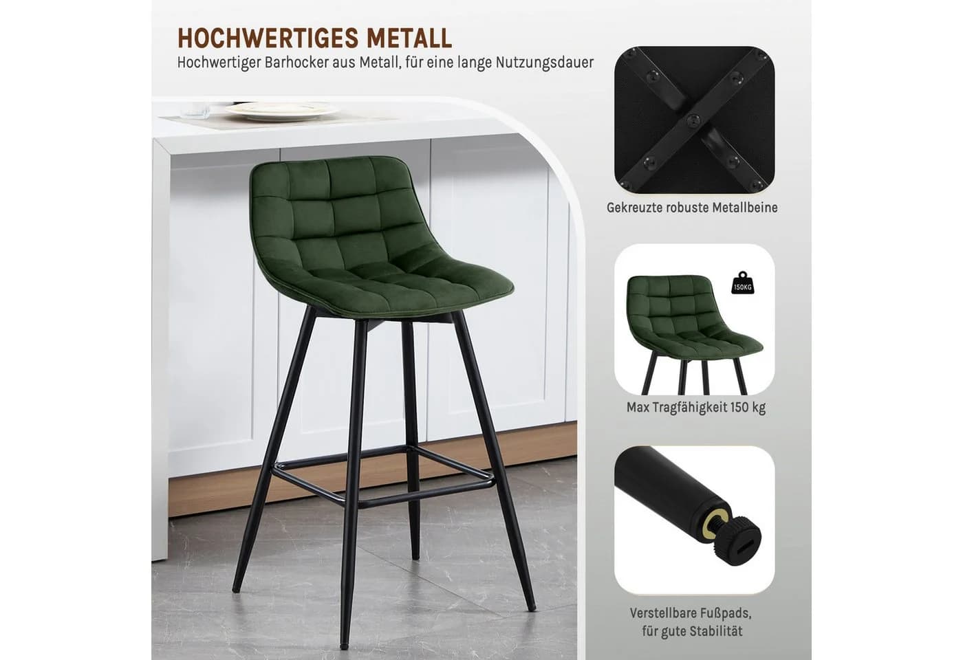 Woltu Barhocker 2er Set Samt Metall Dunkelgrün - Bild 5