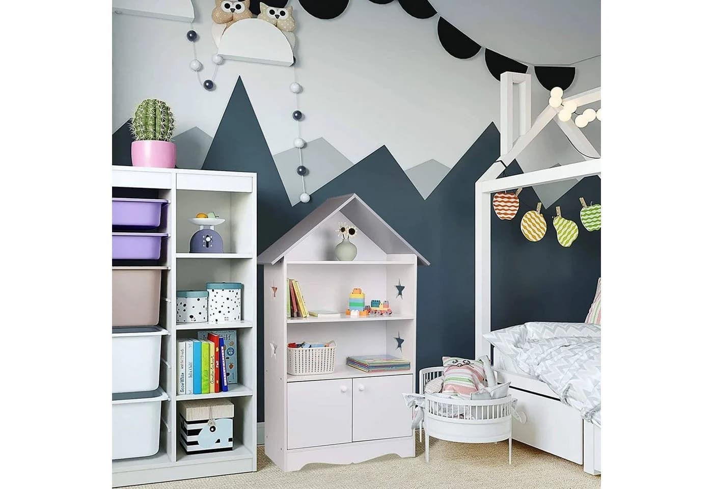 Woltu Bücherregal mit Tür 3 Regale Weiß-Grau Kinderzimmer