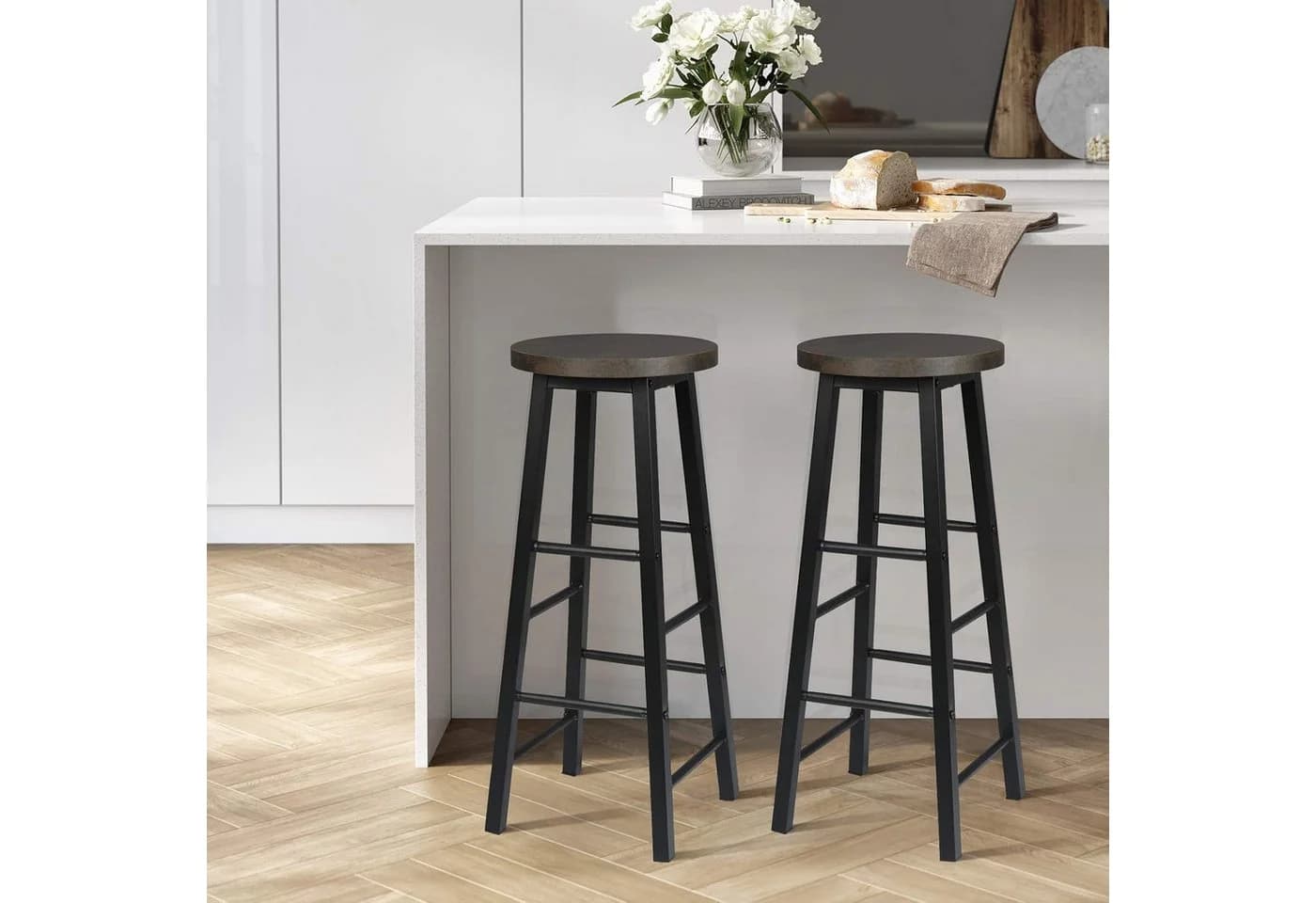 Woltu Barhocker 2er Set Stahl MDF Schwarz Braun Industrial