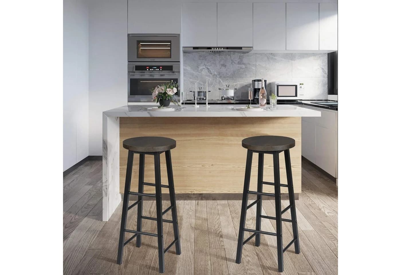 Woltu Barhocker 2er Set Stahl MDF Schwarz Braun Industrial - Bild 4