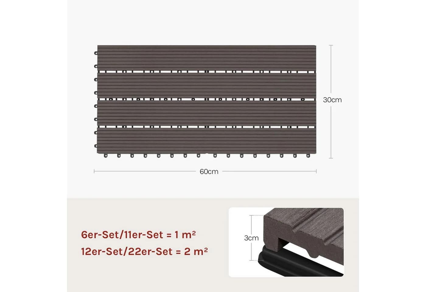 Woltu WPC-Fliesen 30x60cm Anthrazit Braun Grau Coffee Klicksystem - Bild 3
